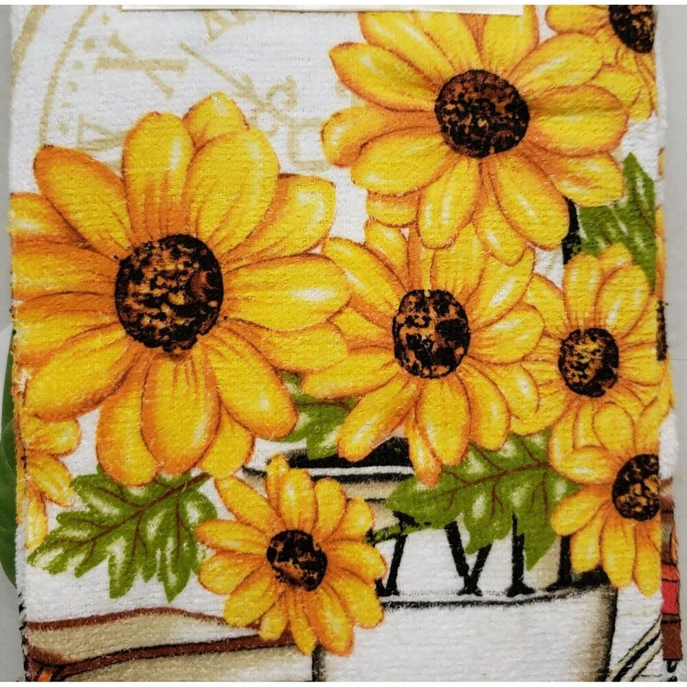 5pc Set: 2 Pot Holders, 1 Oven Mitt & 2 Same Towels, SUNFLOWERS & BOOKS,green,KC